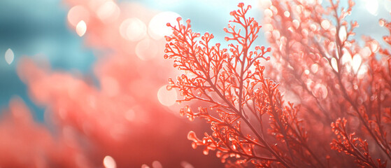 Delicate Coral Red Seaweed Branch with Bokeh Lights