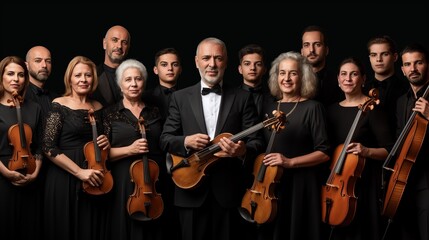 Obraz premium Youth orchestra performs a captivating concert with musicians of diverse backgrounds, showcasing their talent and passion for music in an elegant setting
