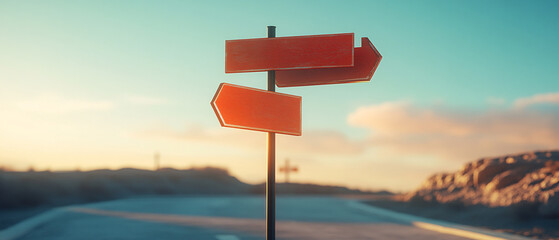 Blank Red Signposts on Rural Road at Sunset  Choice and Direction Concept, Blank Red Signposts on Rural Road at Sunset  Choice and Directio