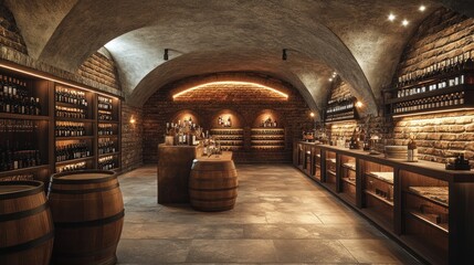 A well-lit wine cellar with wooden barrels, shelves stocked with bottles of wine, and a brick wall.