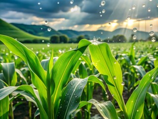 Obraz premium Rain on Corn in Green Field - High Depth of Field, Nature, Agriculture, Freshness, Water Drops, Natural Beauty, Farming, Rural, Crops, Green Landscape, Vibrant, Growth, Environment 