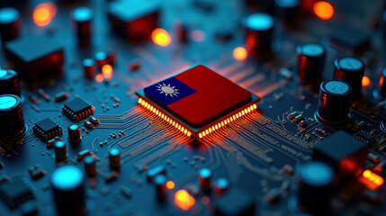 A Taiwan flagged microchip is centered on a circuit board, surrounded by illuminated components, symbolizing role in semiconductor innovation and technology leadership.