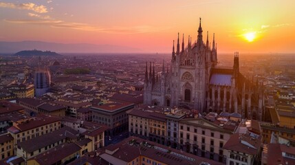 Fototapeta premium Aerial city skyline at sunset, stunning cathedral stands tall, rooftops glow softly in warm hues, urban landscape transitions into evening serenity