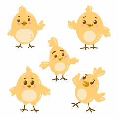 Fototapeta premium Vector set of cute easter chicks character illustration. Happy Easter elements with yellow chicks for clipart, sticker, decor card