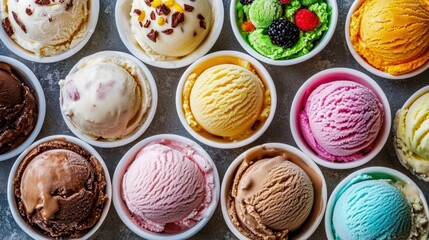 Colorful assortment of various ice cream scoops in cups, showcasing vibrant flavors and textures on a light background.