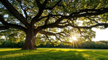 Obraz premium A majestic tree with sprawling branches, illuminated by the warm sunlight.