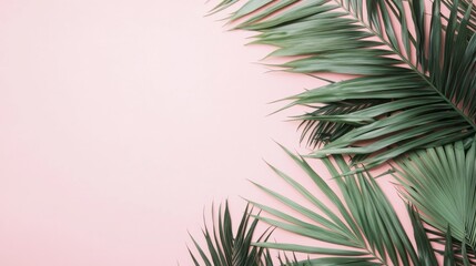Obraz premium Photo of, Pink background with minimalist tropical vibes and palm leaves for design, banner template