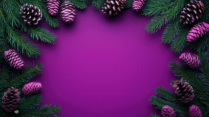 Fototapeta premium A vibrant purple background surrounded by pinecones and evergreen branches, creating a festive and natural frame.