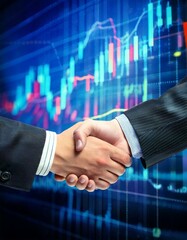 A firm hand shake on a  out of focus stock market background