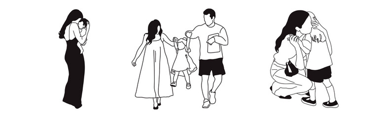 Hand-drawn doodle family icon set. Outline family clipart. Hand-drawn black art.