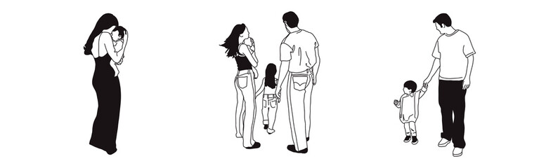 Hand-drawn doodle family icon set. Outline family clipart. Hand-drawn black art.