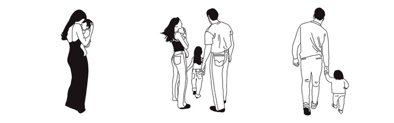 Hand-drawn doodle family icon set. Outline family clipart. Hand-drawn black art.