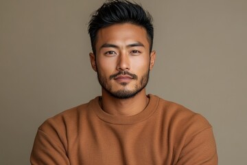 Fototapeta premium portrait of brutal serious Asian man in brown sweatshirt on beige background