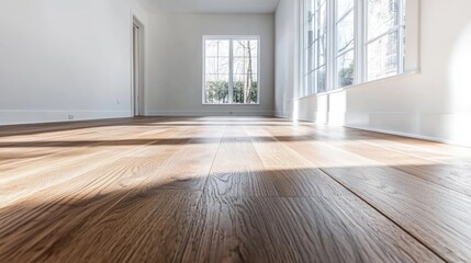 Obraz premium Workers are installing hardwood floors in a bright room.