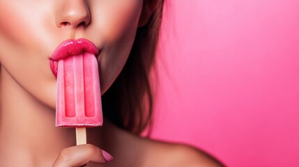 A young woman licks a bright pink popsicle, savoring the moment with a playful expression in warm summer light. Generative AI