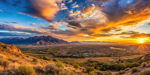 Sunset panorama of Utah Valley and mountains low angle