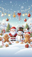 Christmas cartoon card with snowman, Santa Claus and ginger bread character with snowy land background, Christmas Day concept	