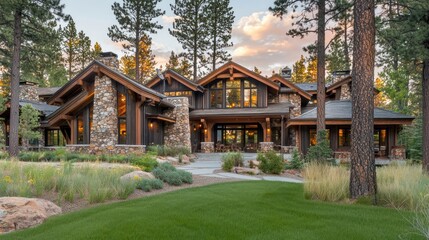 Mature pine trees surround a rustic lodge with natural stone and timber in the suburbs.