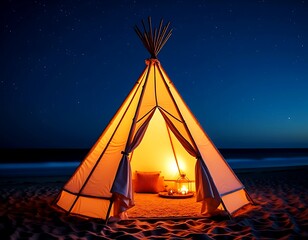Teepee glamping tent decorated with bed and lighting sets on the beach at night