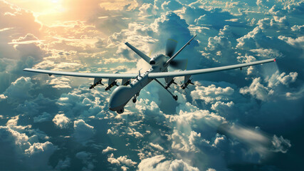 Naklejka premium Military Drone Flying Over Clouds During Sunset With Dramatic Lighting and Expansive View