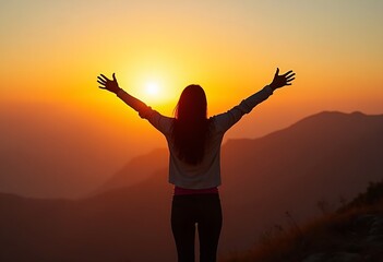 Fototapeta premium Silhouette of a woman's back spreading arms in the air on mountain against sunset sky
