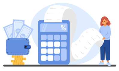 Woman reviewing a long receipt with a calculator and wallet to manage finances and budget