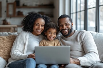 A happy family sitting together on a cozy sofa in their modern living room, all watch a video on a laptop. Generative AI
