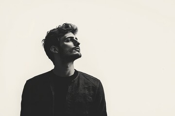 monochrome portrait of caucasian man looks up, copy space