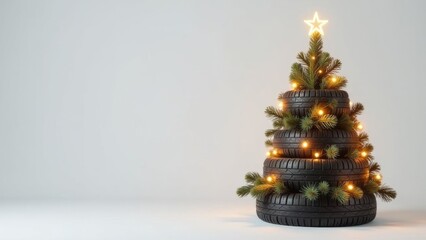 christmas tree made of car tires with garland lights, festive holiday decoration, copyspace for text.