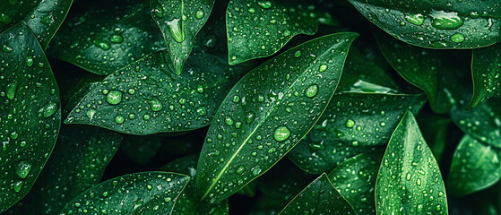 Obraz premium Close Up of Green Leaves with Water Drops