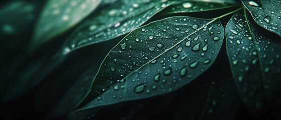 Fototapeta premium Closeup of Dew Drops on Lush Green Leaves in Nature