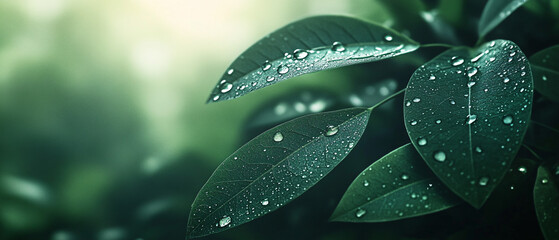 Obraz premium Closeup of Green Leaves with Dew Drops, Nature Photography