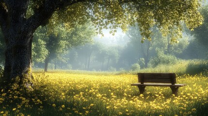 Naklejka premium A serene meadow with a wooden bench under a tree.