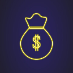 money bag glowing neon sign, icon for business, bank, illustration, picture