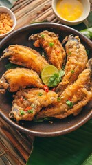 Crispy Fried Fish with Lime and Chili Garnish on Rustic Plate with Bamboo Background