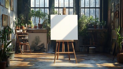 Art studio with a blank canvas on an easel