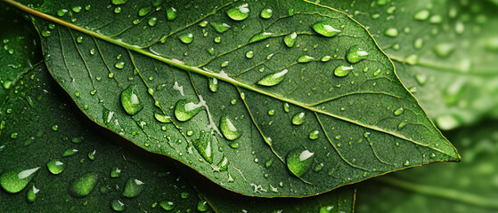 Fototapeta premium Close Up Of Dew Drops On Green Leaf With Veins Nature Photography, Close Up Of Dew Drops On Green Leaf With Veins Nature Photograp