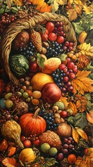 Vibrant Autumn Harvest Cornucopia with Pumpkins, Grapes, and Seasonal Fruits in a Rustic Basket Surrounded by Colorful Fall Leaves