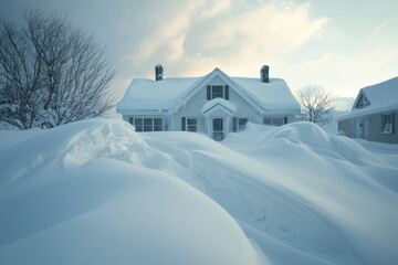Fierce winter storm covers suburban home entrance in deep snow.