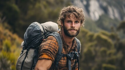Obraz premium Australian man with a rugged look and mountain climbing gear