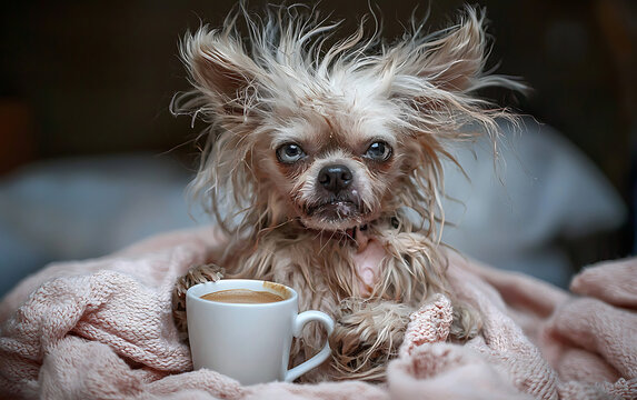 A humorous image of a grumpy-looking dog with messy fur holding a coffee cup.