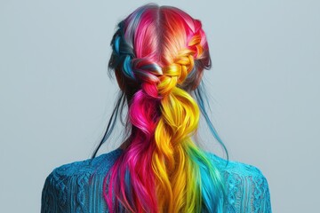 Naklejka premium A woman with rainbow colored hair is wearing a blue shirt