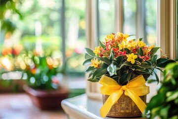 Beautiful potted flowering plant with yellow ribbon the window
