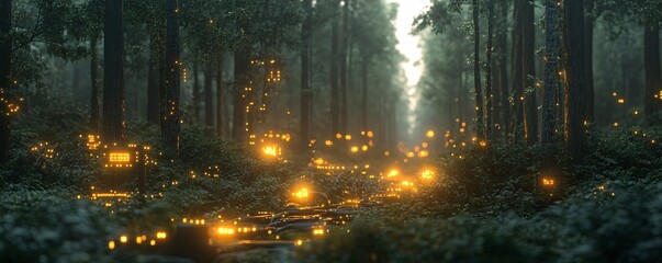 Fototapeta premium A serene forest scene where AI-powered robots tend to the environment, blending seamlessly with nature, glowing circuitry on trees