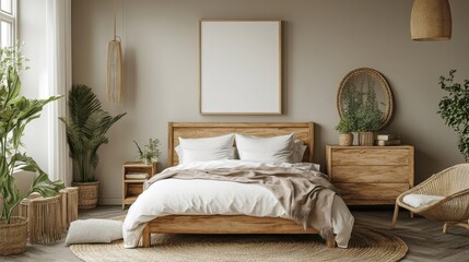 Elegant bedroom with a mockup canvas on the dresser