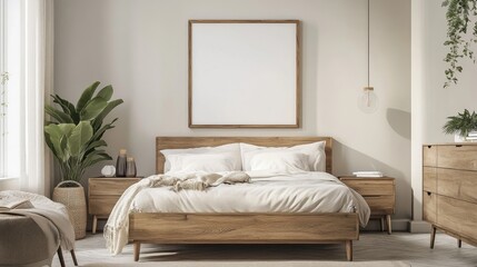 Elegant bedroom with an empty frame on the dresser