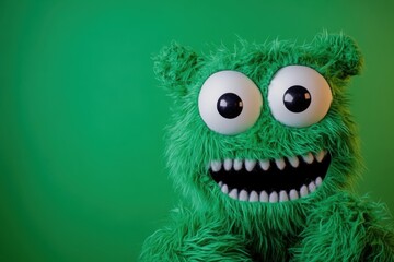 Whimsical green furry monster plush toy with googly eyes on green background