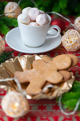 Festive Christmas scene featuring a white cup filled with hot chocolate and topped with fluffy white and pink marshmallows placed on a saucer and accompanied by a plate filled with gingerbread cookies