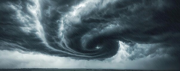 Dramatic spiraling storm clouds forming a vortex above the sea.