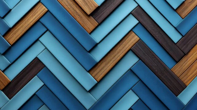 Blue and brown wooden planks forming a herringbone pattern